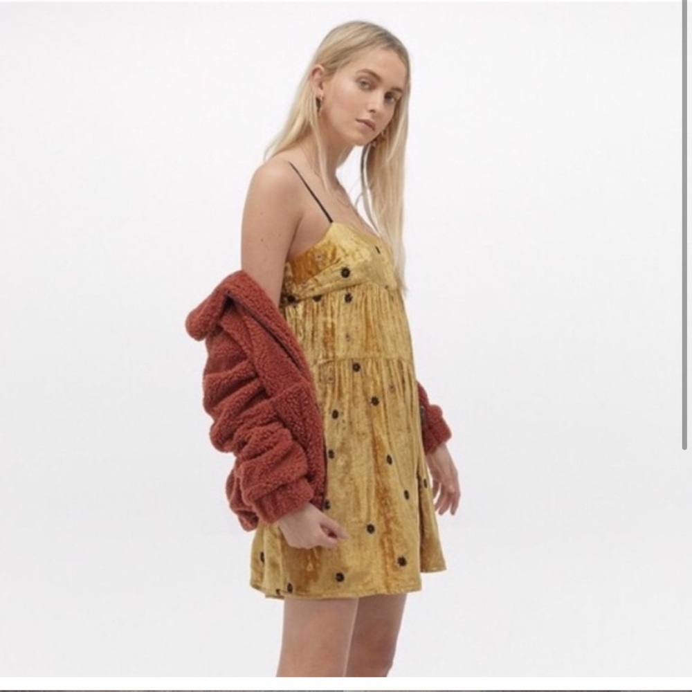 Free People Gold Velvet babydoll dress with Floral Embroidery
